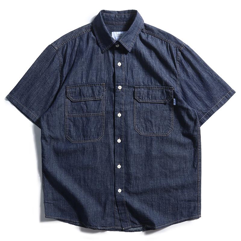 Streetwear Brand Japanese - สไตล์ญี่ปุ่นย้อนยุคเสื้อเชิ้ตยีนส์ผู้ชายทรงหลวมแขนสั้นแบรนด์อินเทรนด์ฤดูร้อนลำลองครึ่งแขนชุดทำงานสตรีทแวร์