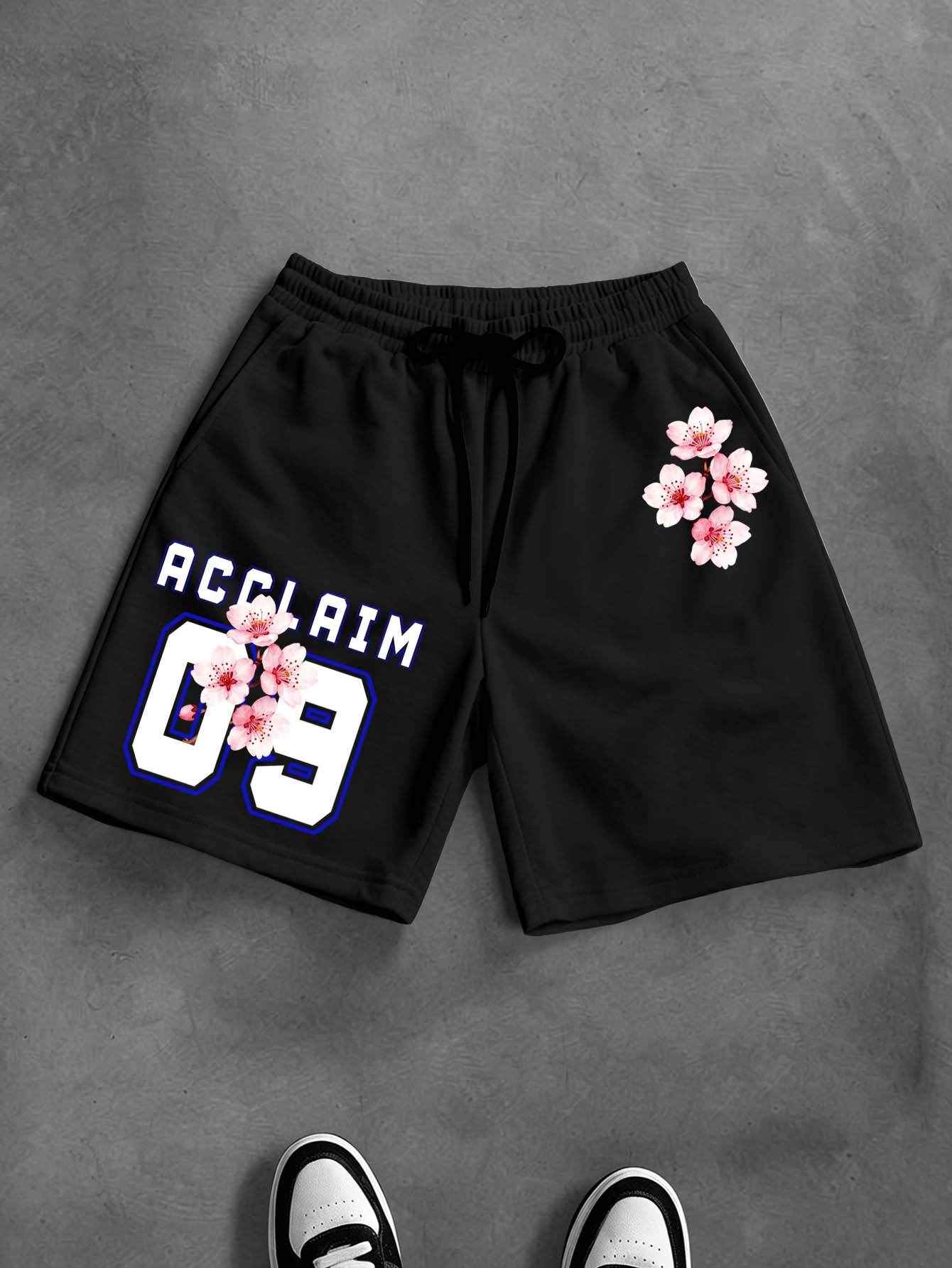 Streetwear Brand Japanese - กางเกงขาสั้นสตรีทแวร์สไตล์ญี่ปุ่นทรงหลวมสำหรับผู้ชาย ยี่ห้อ Acclaim 09 ลายกราฟิกเชอร์รี่บลอสซัมซากุระ ผ้าคอตตอนผสมลำลอง