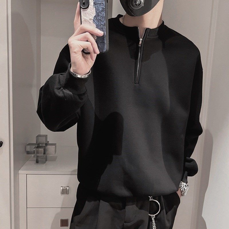 Streetwear Brand Aesthetic - เสื้อฮู้ดดี้ผู้ชายคอตั้งแบบซิปครึ่งตัว สไตล์สตรีทแวร์ลำลอง แบรนด์เฉพาะกลุ่ม ดีไซน์เท่ห์ สำหรับฤดูใบไม้ผลิและฤดูใบไม้ร่วง