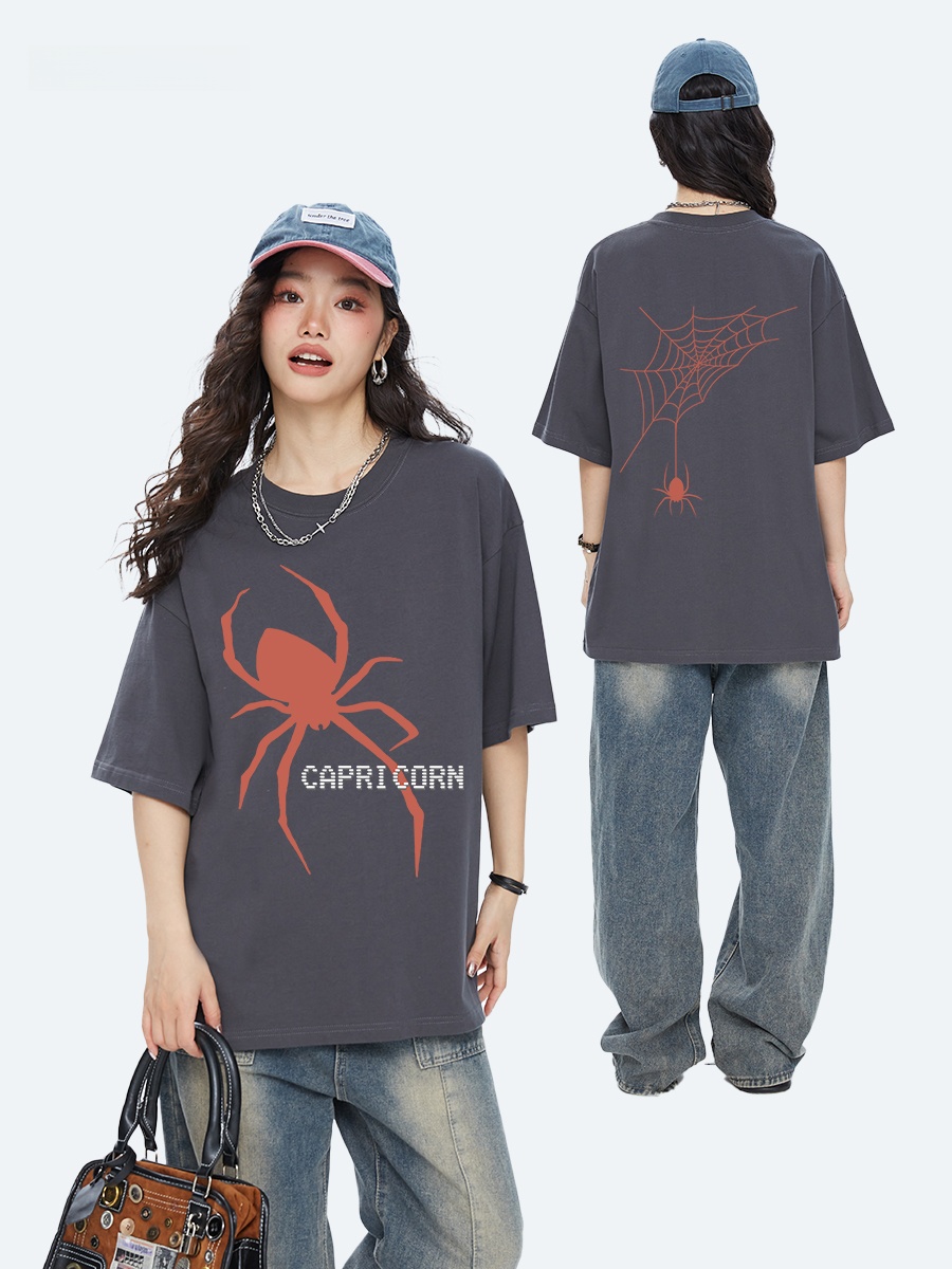 Streetwear Brand Red - เสื้อยืดแขนสั้นผู้หญิงสไตล์สตรีทอเมริกัน ลายแมงมุมสีแดงราศีมังกร แบรนด์แฟชั่นฤดูร้อน เสื้อตัวในแขนสั้น