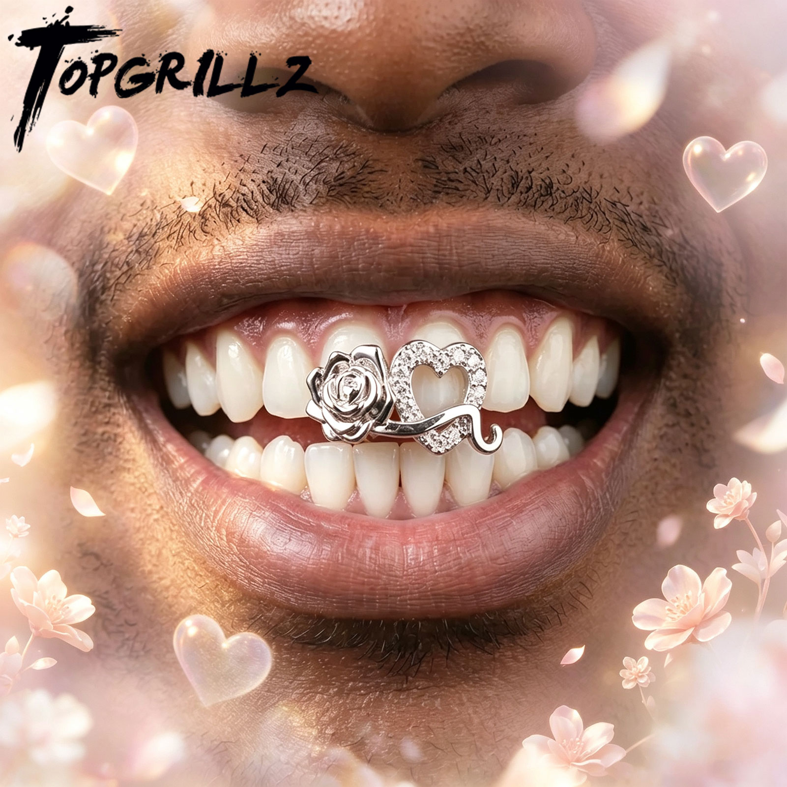 Streetwear Brand Hats - TOPGRILLZ ชุดตกแต่งฟันรูปหัวใจคู่ประดับเพชรซิคอนสไตล์โรแมนติก ฮิปฮอป สำหรับผู้หญิงและผู้ชาย เครื่องประดับคอสเพลย์